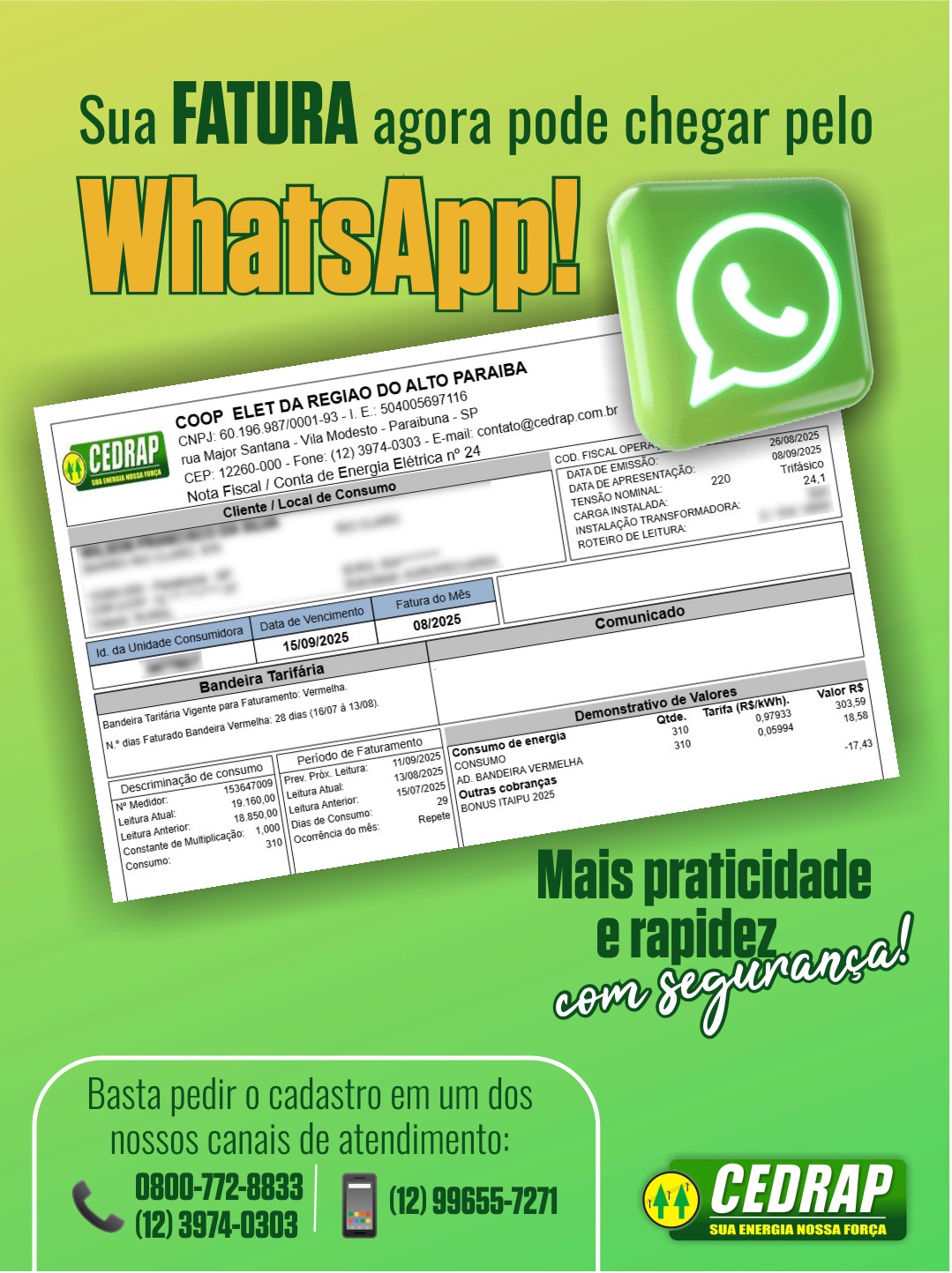 Receba sua conta da CEDRAP direto no WhatsApp